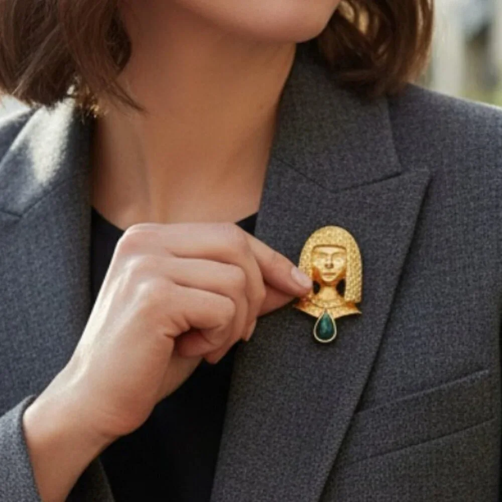 Margot Townsend Gold Egyptian Face Emerald Color Inverted Teardrop Stone